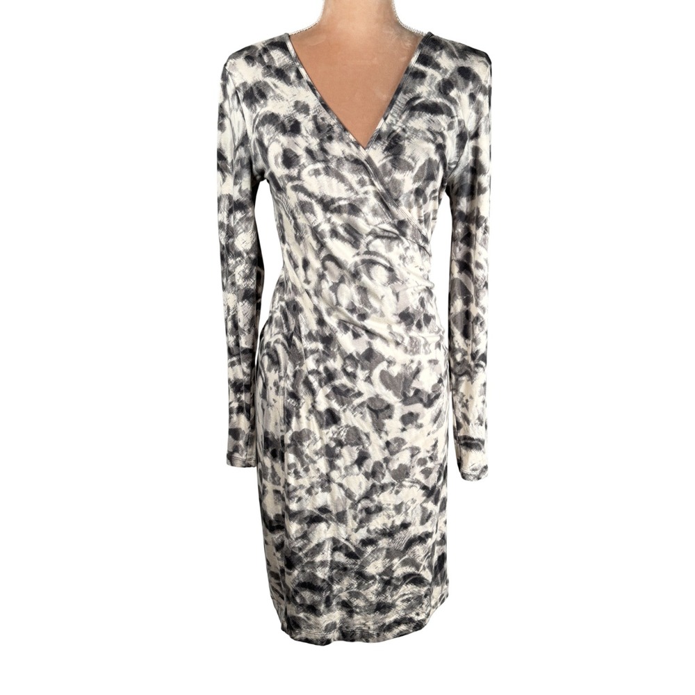 Banana Republic Womens Sz M Dress Cream‎ Black Printed Wrap Long Sleeve Stretch